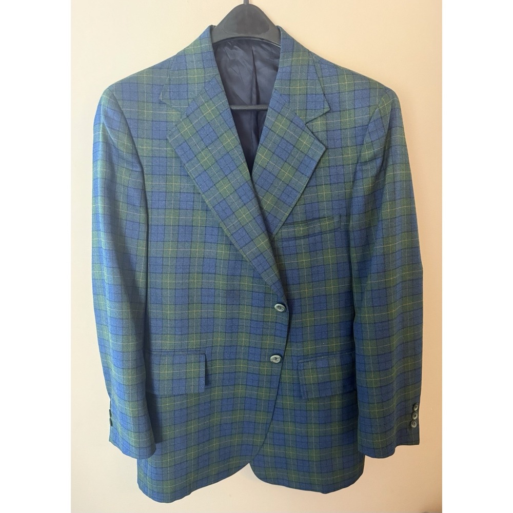 VTG 70s JCPenney Men Green Navy Tartan Plaid 2 Button Blazer Coat Wool Blend 42S